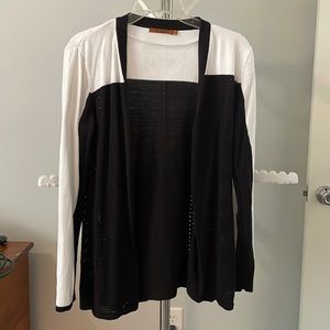 Open front black and white sweater